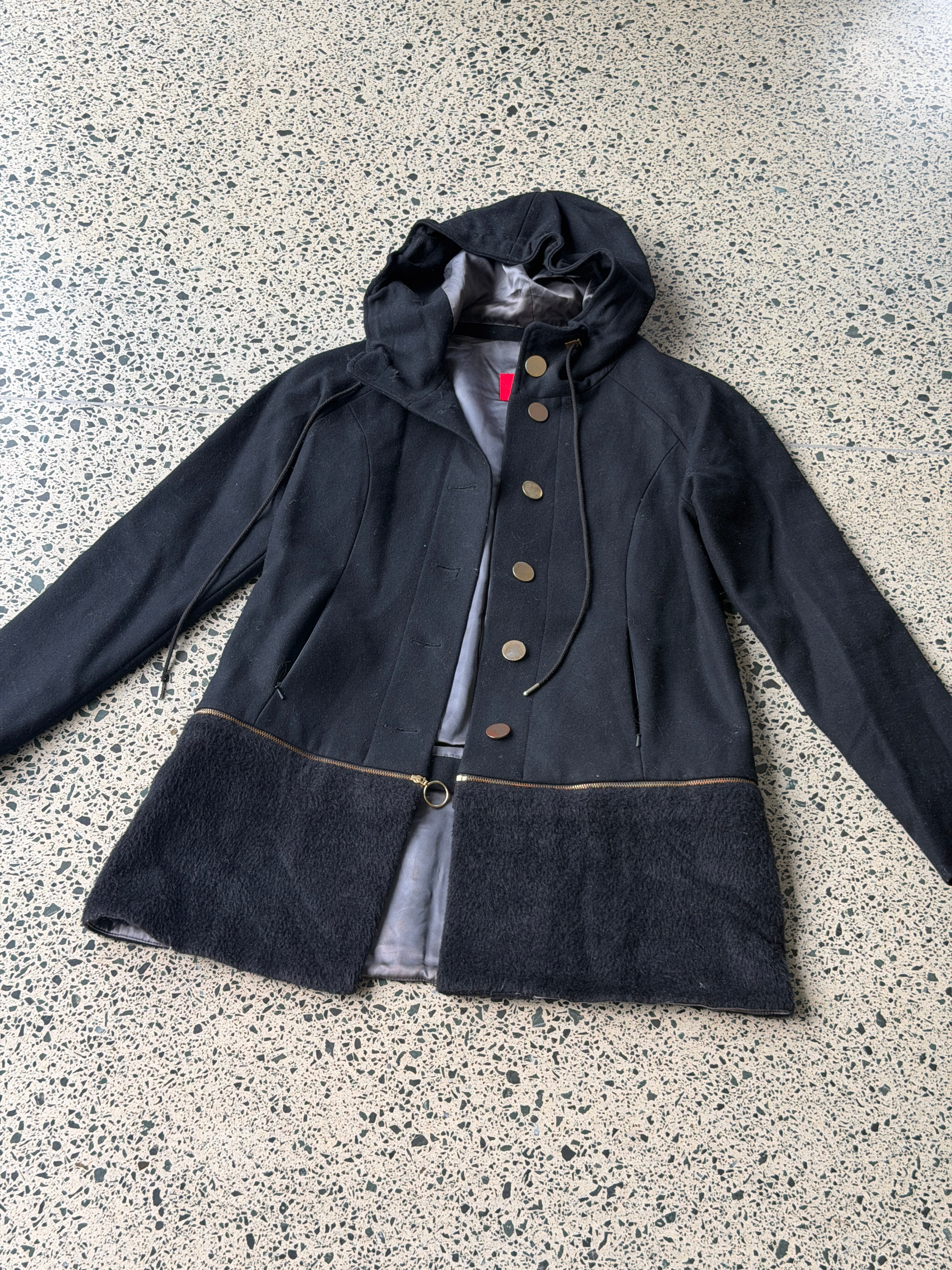Black Wool Coat with Gold Zip and Textured Detail