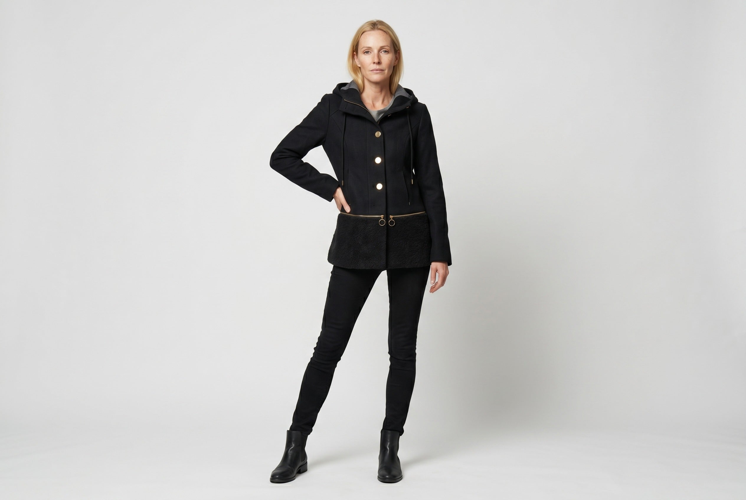 Black Wool Coat with Gold Zip and Textured Detail