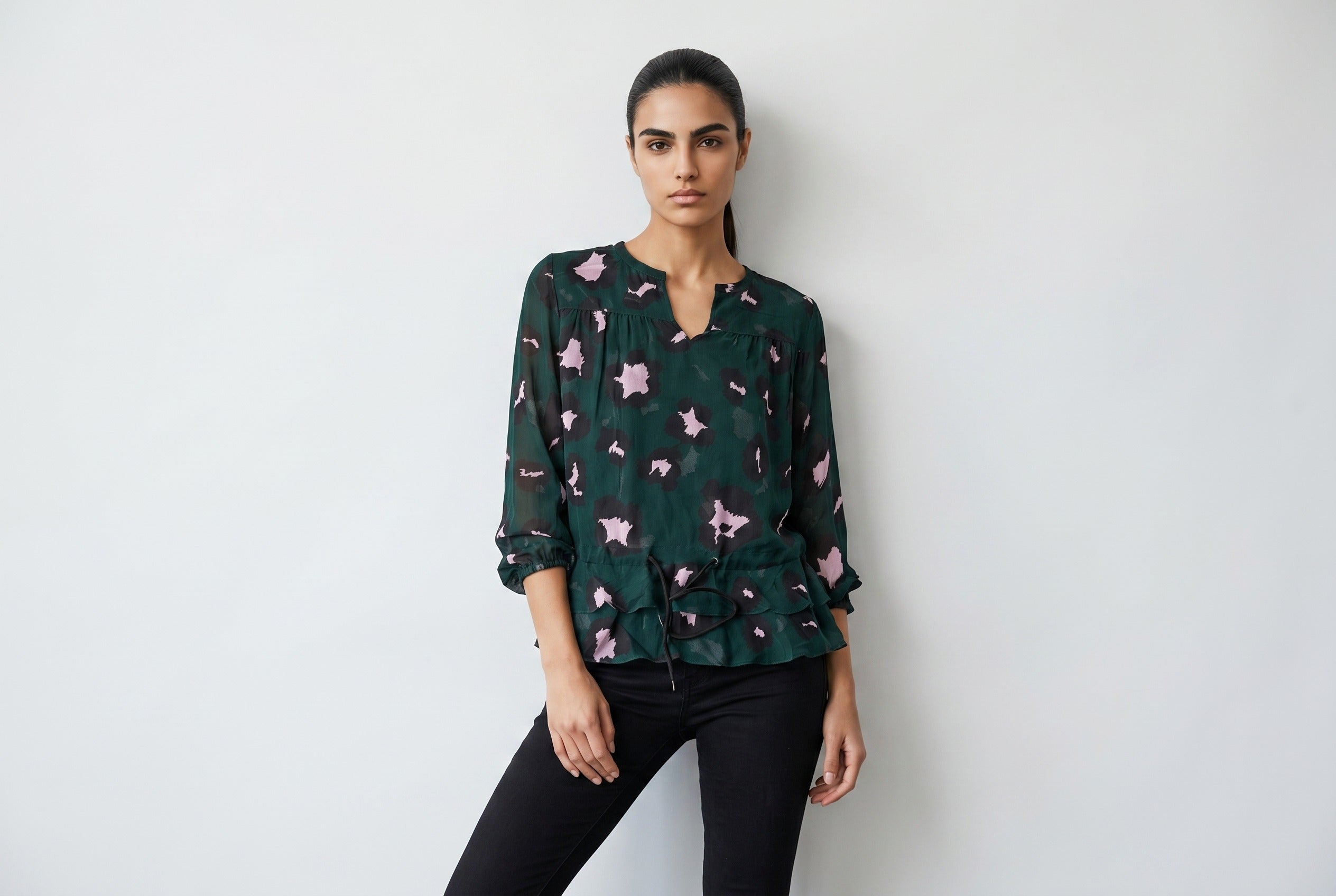 Silk Georgette Animal Print Top with Ruffles