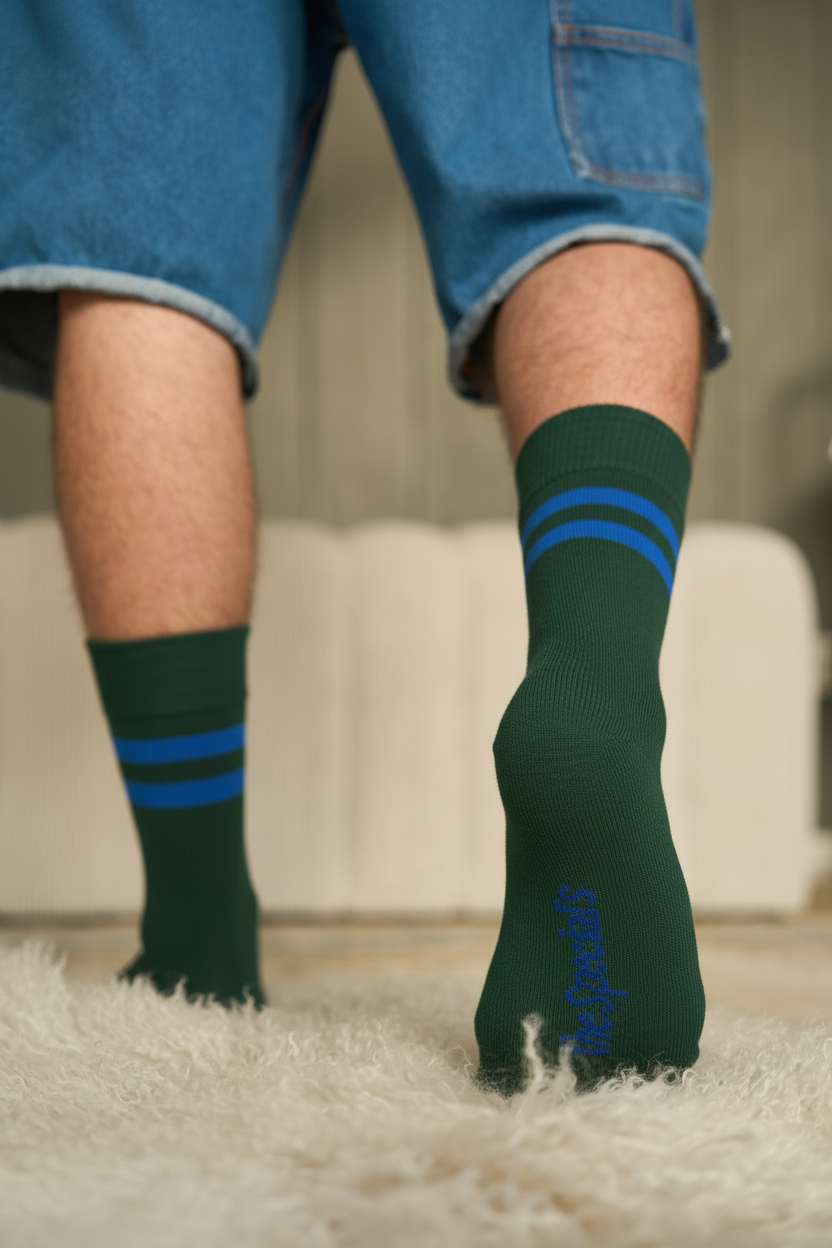 close up of dark green coloured merino socks with 2 bold blue stripes. warm and sporty