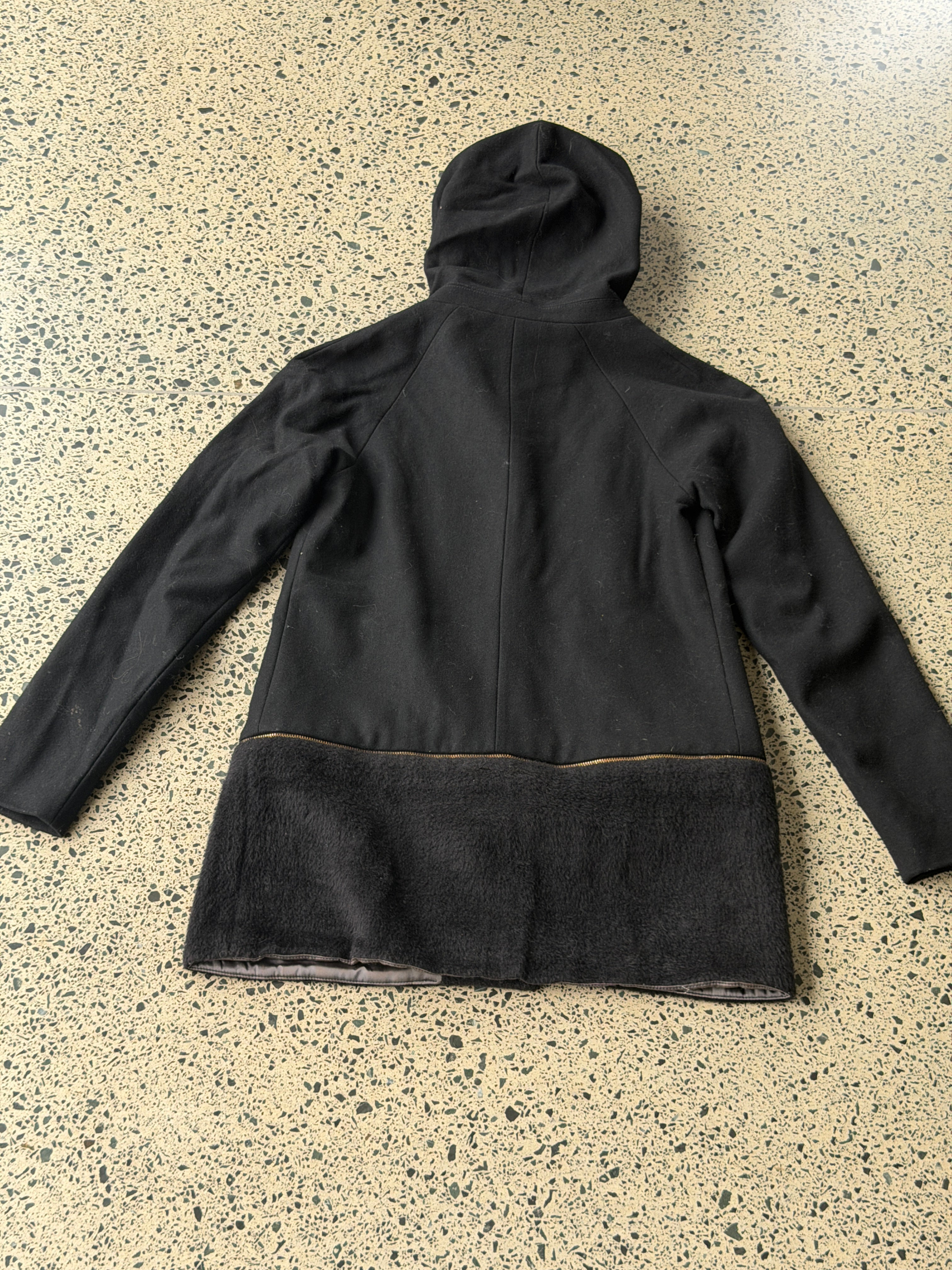 Black Wool Coat with Gold Zip and Textured Detail