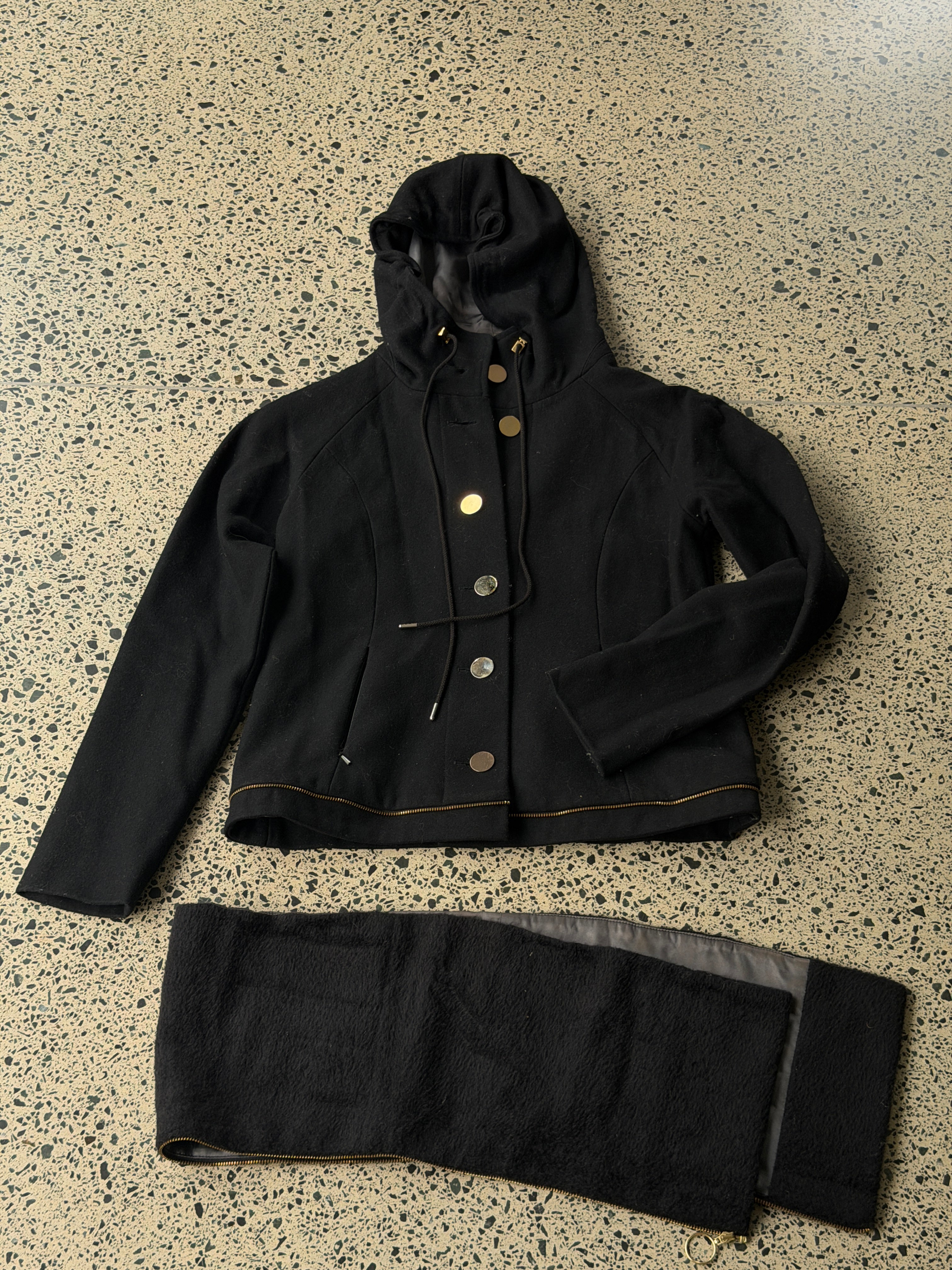 Black Wool Coat with Gold Zip and Textured Detail